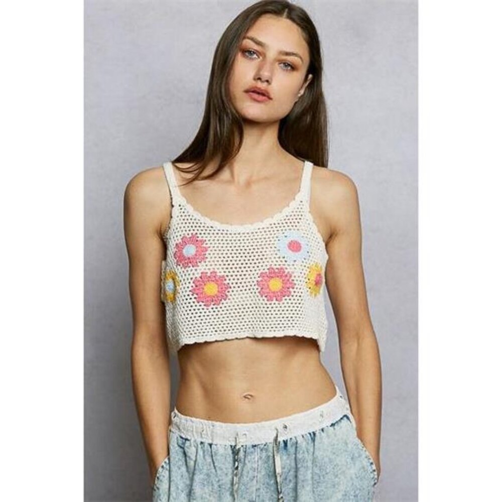 POL U-Neck Cropped Crochet Cami with Floral Embroidery Detail